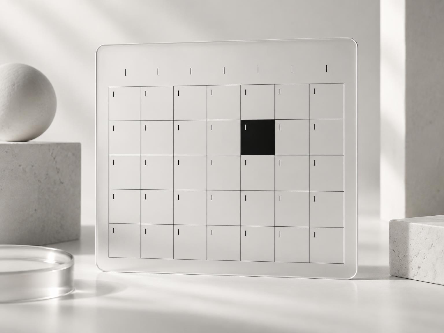 Minimal black and white calendar showing a booked tattoo day